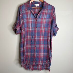 Cloth & Stone Women's Plaid Flannel Tunic Raw Hem Dress tunic Red Blue